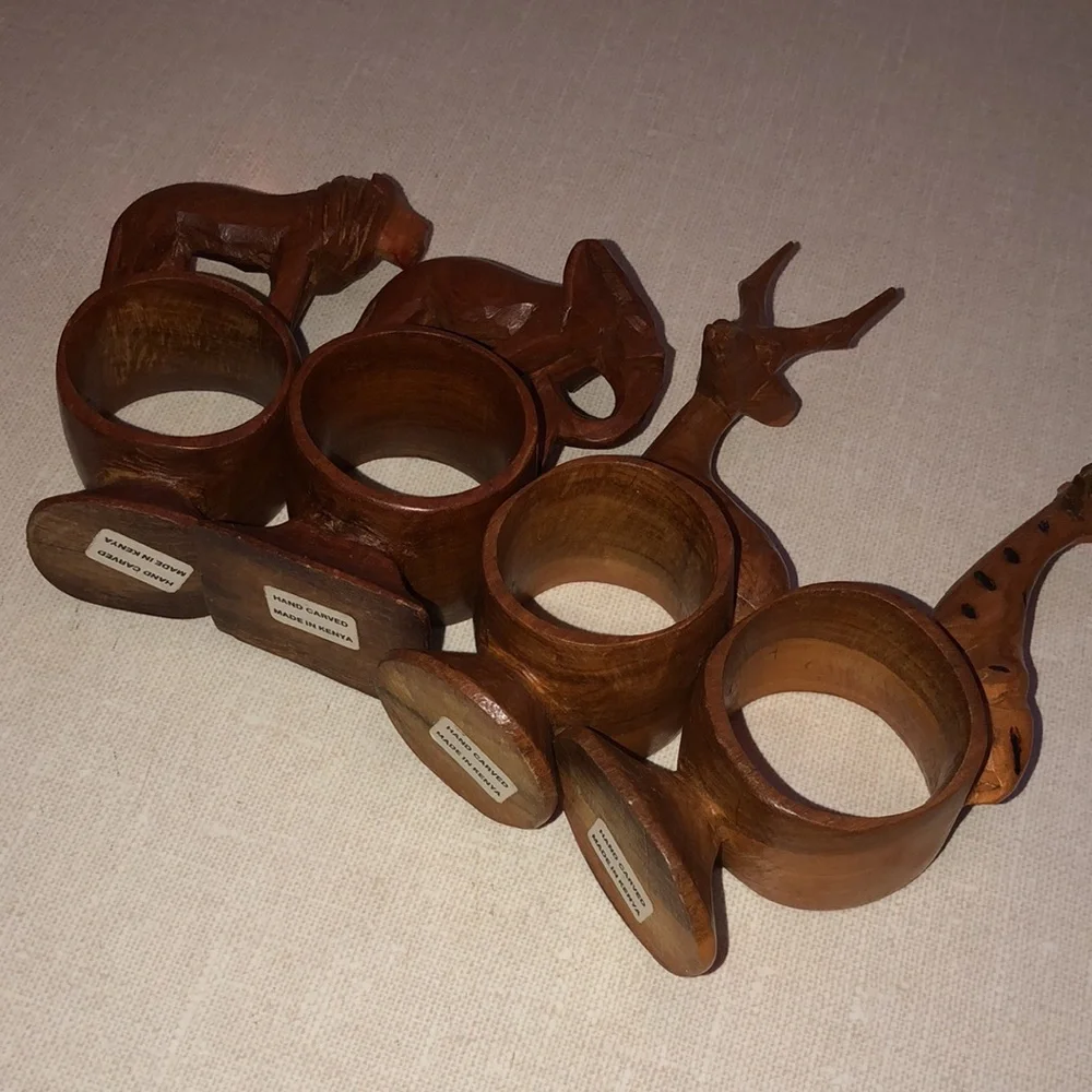 Hand‎ carved made in Kenya Animal Wooden napkin rings, set of 4